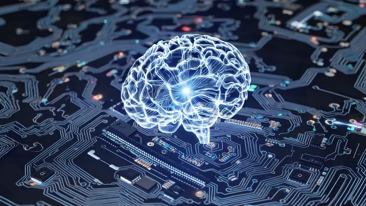 A digital brain glowing on a circuit board, viewed from above