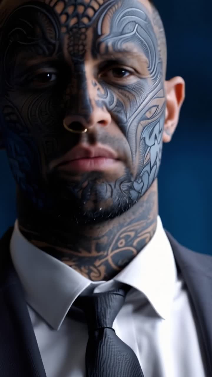 Tatuaggi scuri coprono il suo viso e il collo. Indossa un abito formale con cravatta. La sua mano tocca il suo piercing al naso. Fissa direttamente la telecamera. Questo video ritrae stili contrastanti