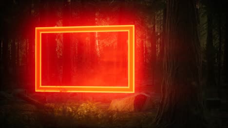 neon glowing rectangle frame in the night forest