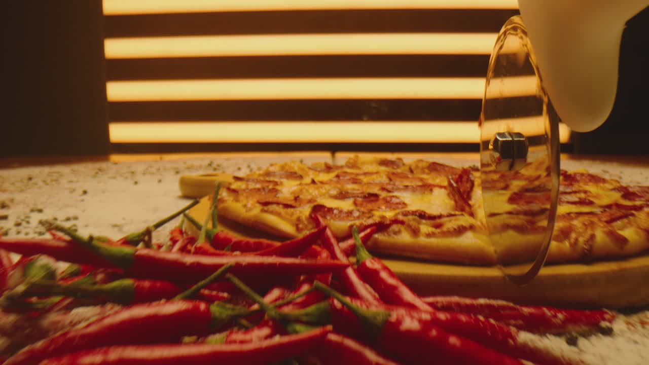 Нарезка пиццы круглым ножом. Крупный план вкусной пиццы, разрезаемой на куски. Запеченная пицца с колбасой, расплавленным сыром, красным перцем. Снято на ARRI ALEXA с объективом Laowa. Камера движется.