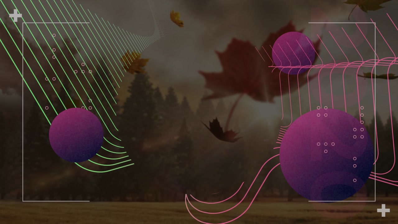 Animation of shapes and spheres over fall landscape