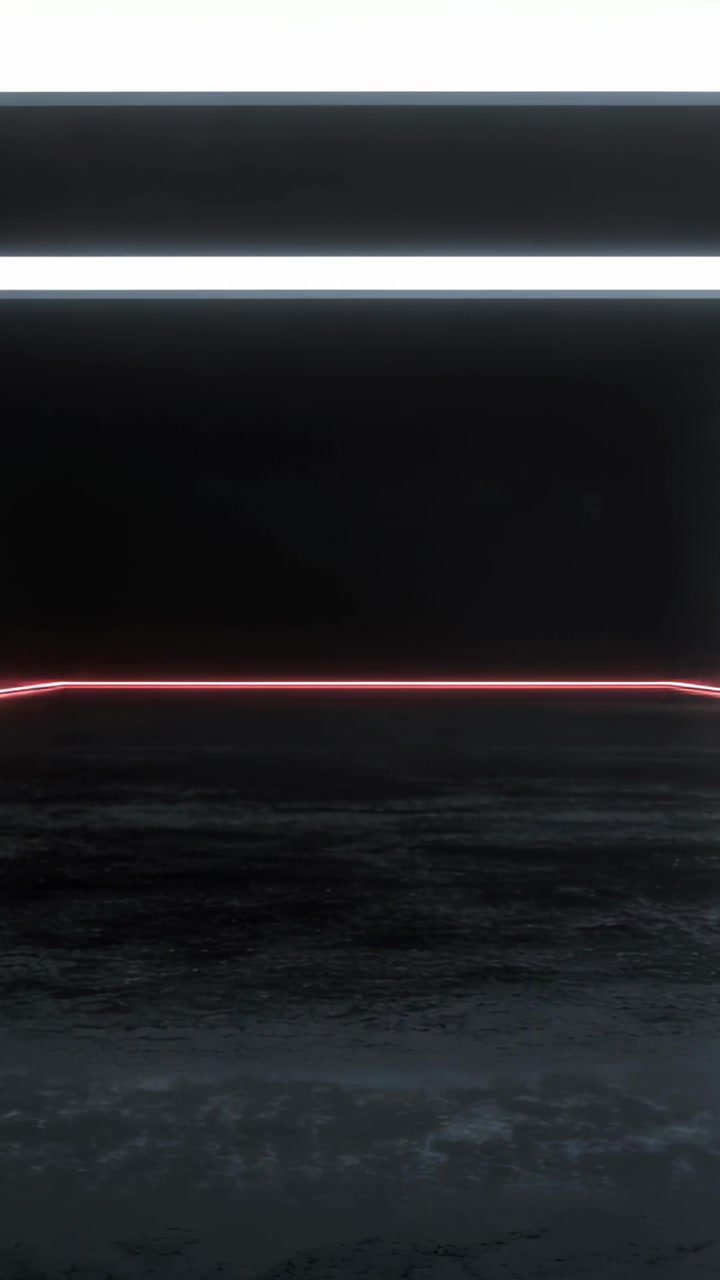 Video verticale: Registrazione che mostra una piattaforma al neon che si illumina di rosso su un pavimento lucido per un palco, con barre bianche.