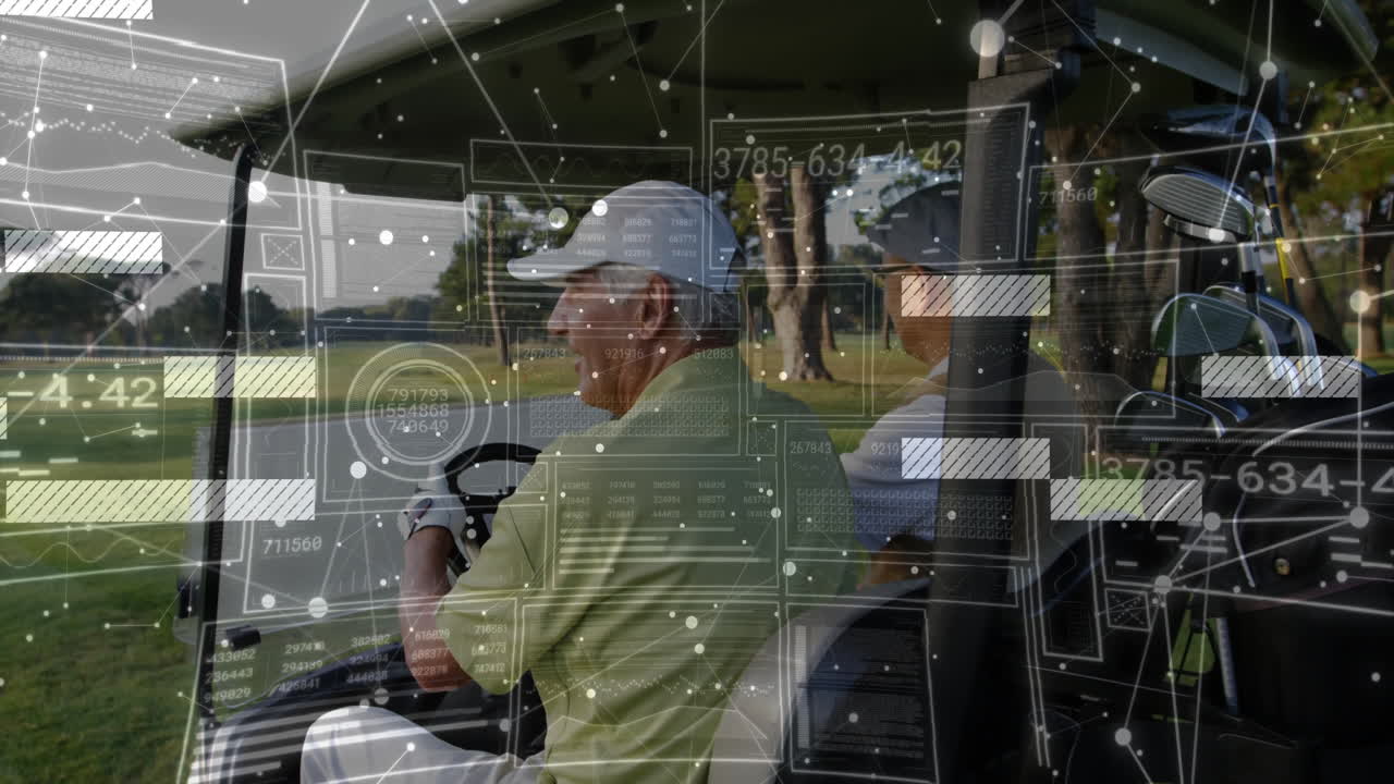 business partners navigating golf cart on fairway, showing animated swing stats graphic