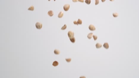 crunchy macadamia nuts raining down on white backdrop and bouncing back into frame in slow motion