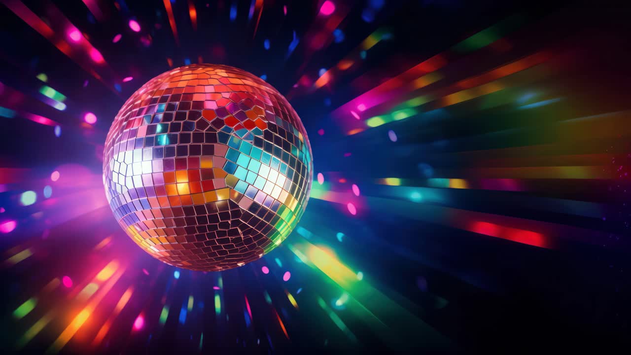 A vibrant disco ball with colorful light rays radiating outward, captured from a low angle