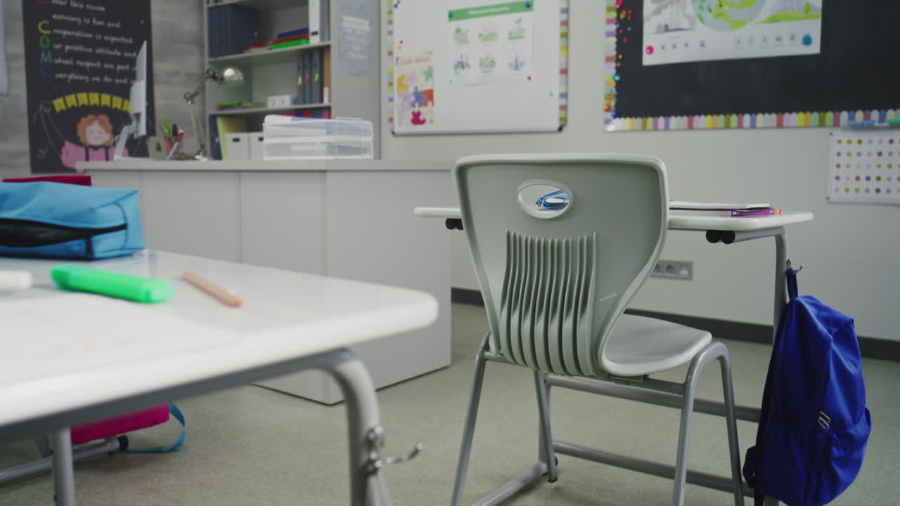 American Elementary School Interior of Empty Classroom with Desks for Students