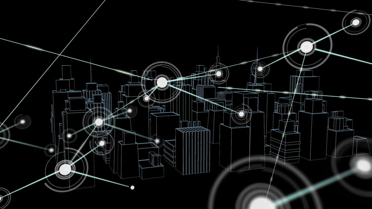 Animation of network of connections with icons over 3d architectural drawing of city in background