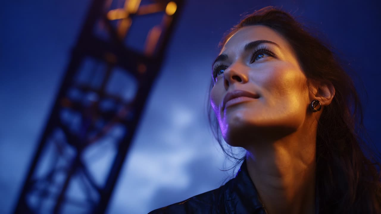 A captivating portrait of a thoughtful woman gazing into the distance, illuminated by soft, dramatic lighting against a twilight sky, evoking feelings of aspiration and calmness in a serene urban setting