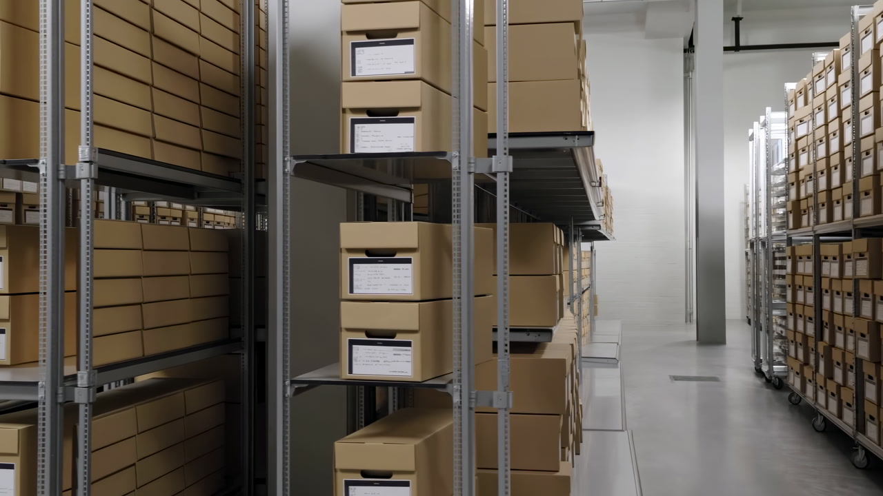 Rows Of Cardboard Boxes On Shelves, Clean Climatecontrolled Warehouse Aisle With Metal Racking Stacked
