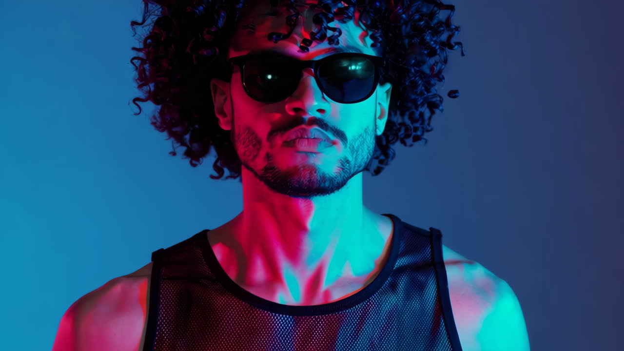 Stylish man with curly hair and sunglasses in neon light