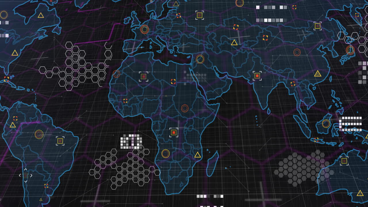 Animation of world map over shapes on black background