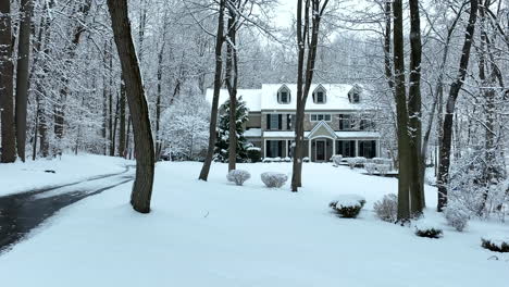 private home in forest woodland in fresh winter snow