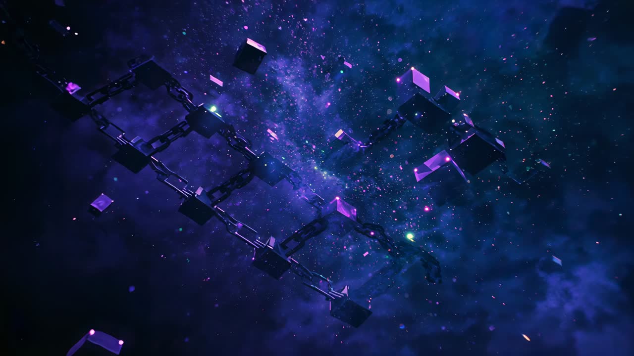 Chain snapping releasing fragments scattering then orbiting around glowing square in cosmic nebula