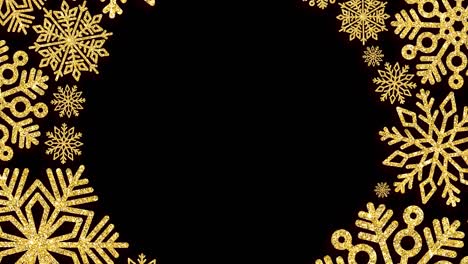 marco redondo de navidad con copos de nieve dorados sobre un fondo negro.