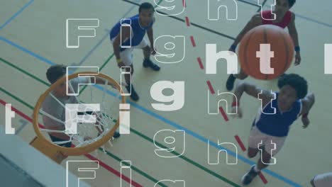 Animation-of-fight-texts-over-diverse-group-of-male-basketball-players-at-gym