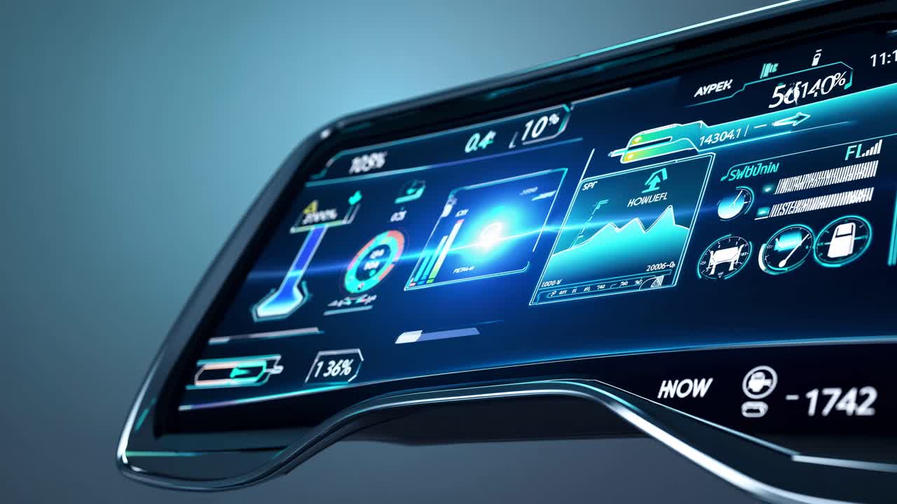 Futuristic car dashboard with digital displays, shot from a low angle