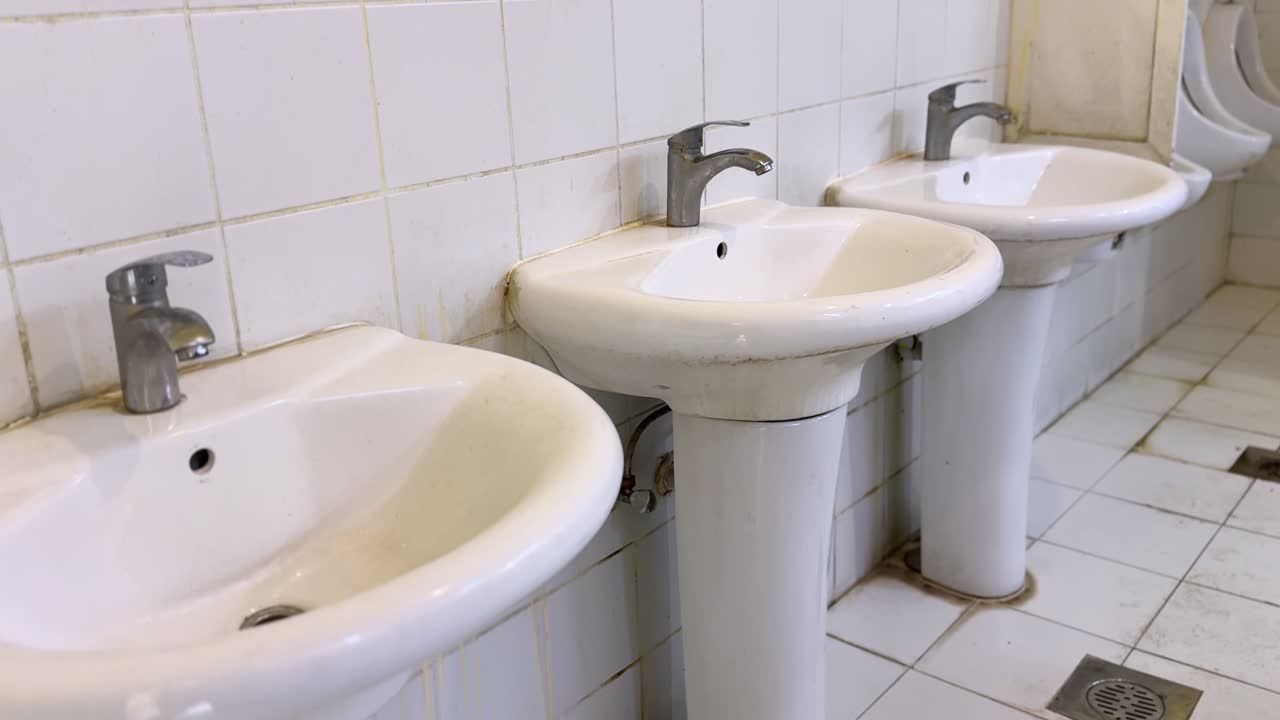 Prospettiva ravvicinata di tre lavabi a colonna installati lungo una parete piastrellata all'interno di un bagno pubblico datato, che mostra macchie d'acqua, impianti idraulici e scarico a pavimento in un'area igienica interna.
