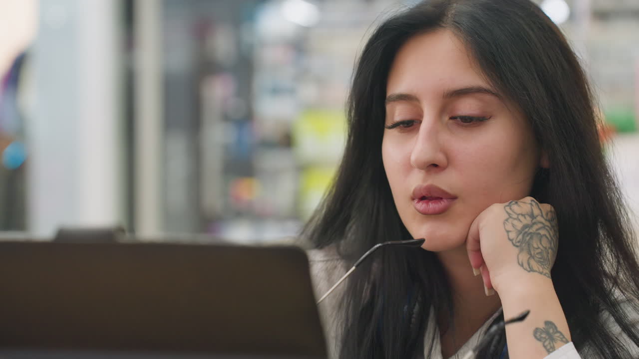 Lady with floral hand tattoo gently removes glasses while seated indoors, eyes closed in relaxed expression, gazing at tablet in front of her with colorful blurred mall background