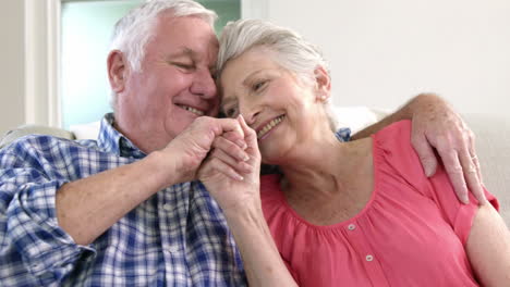 una pareja de ancianos enamorados en el sofá.
