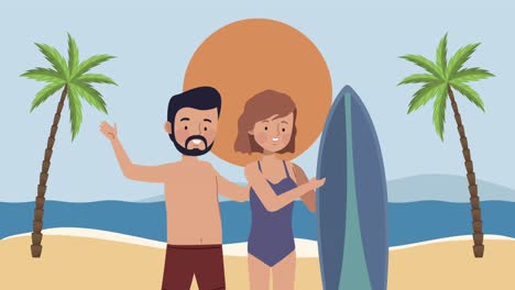 surfers couple with surfboard on the beach