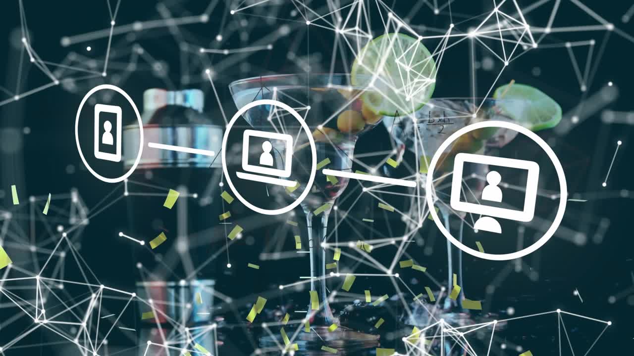 Animation d'un réseau d'icônes numériques et de confettis dorés sur fond de glaçons tombant dans des verres à cocktail