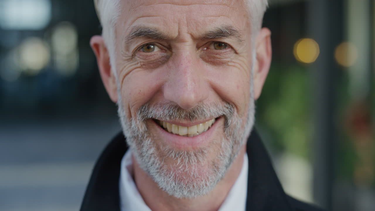 retrato de cerca exitoso hombre de negocios de mediana edad sonriendo disfrutando de un estilo de vida urbano exitoso feliz profesional senior cámara lenta
