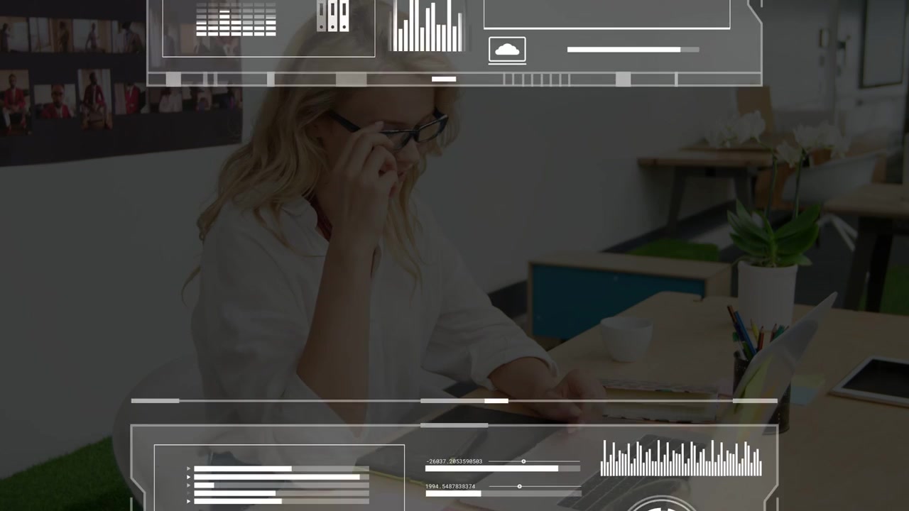 HUD appearing, office pro typing laptop and removing specs while live charts updating for business