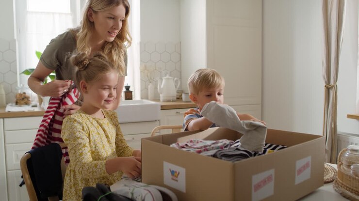 Video di famiglia che seleziona i vestiti per la donazione