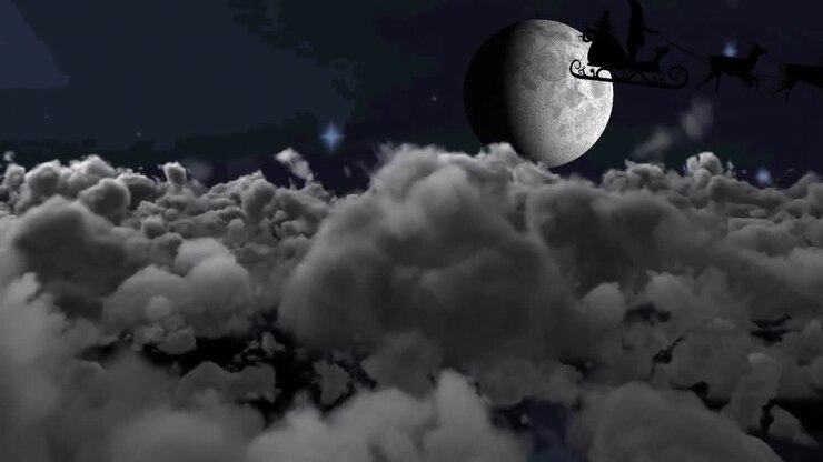 Animação de Papai Noel em um trenó com renas sobre nuvens e a lua.