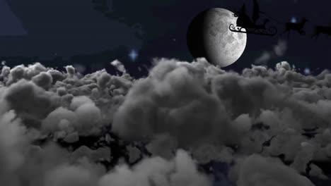 animación de santa claus en trineo con renos sobre nubes y luna