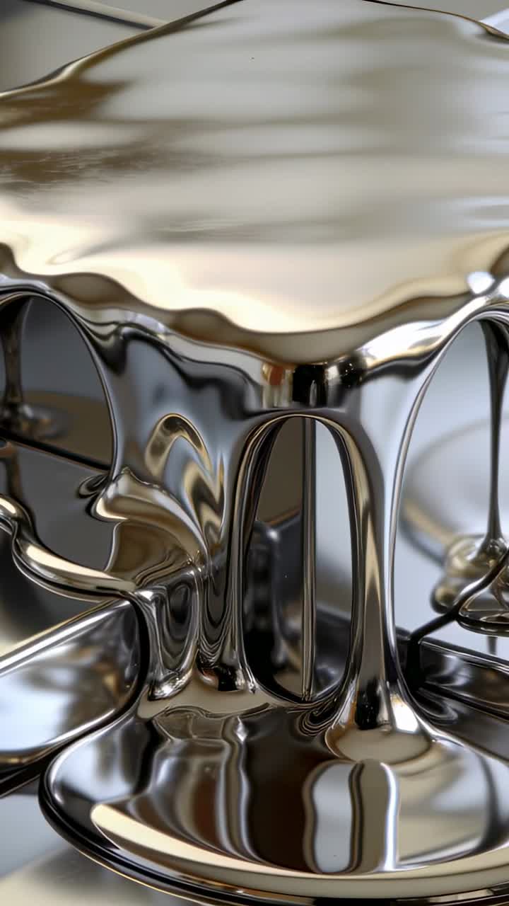 Vertical video: Pulling by gravity, metal liquid flowing down rod in studio, forming mirrored pool