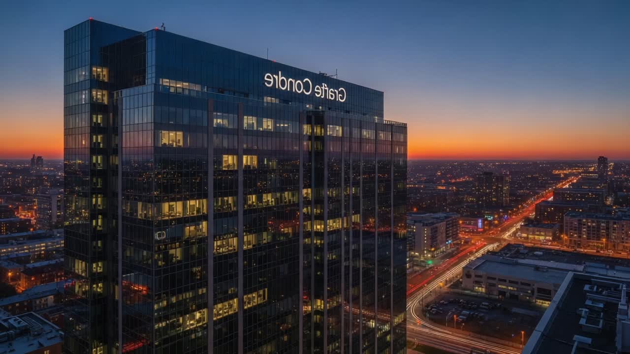 Captivating Cityscape at Dusk: A Mesmerizing View of a Modern Skyscraper Illuminated Against a Vibrant Sunset Sky, Transitioning to Night with Urban Lights Below