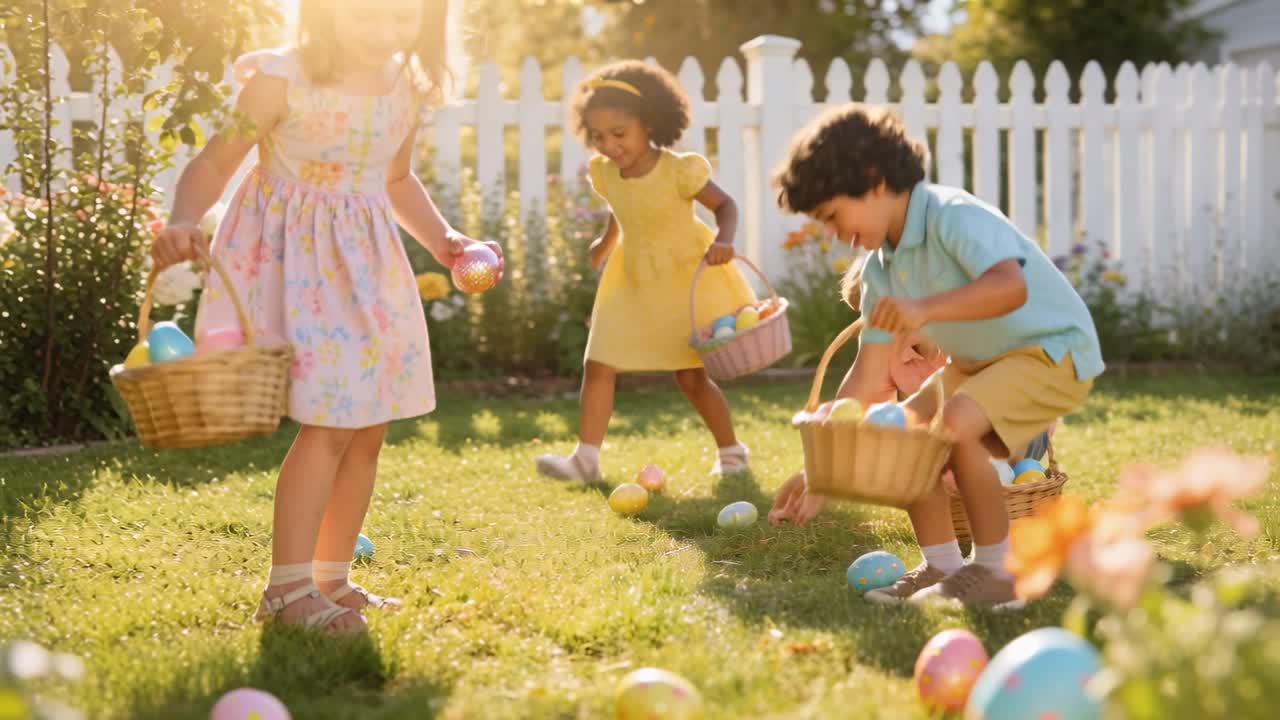 エッグハントが始まり、4人の子供たちが庭で卵を探し、籐のバスケットに集める、黄色いドレス