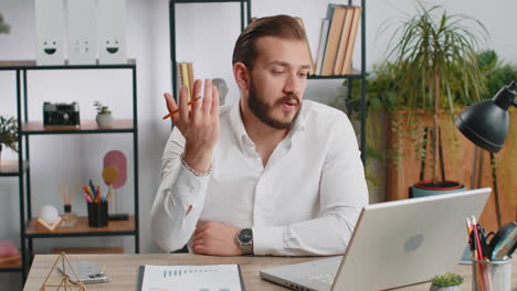 confused businessman embarrassed about ambiguous question having doubts no answer idea clueless