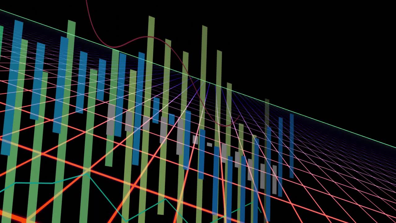 Animation of multicolored graphs over grid pattern against black background
