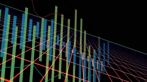 Animation-of-multicolored-graphs-over-grid-pattern-against-black-background