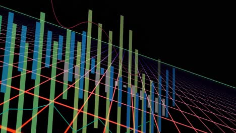 Animation-Mehrfarbiger-Diagramme-über-Einem-Gittermuster-Vor-Schwarzem-Hintergrund