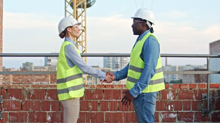 Multiethnic man and woman in hardhats standing at the construcing site, talking and shaking hands. Builder and architect meeting. Outdoors.