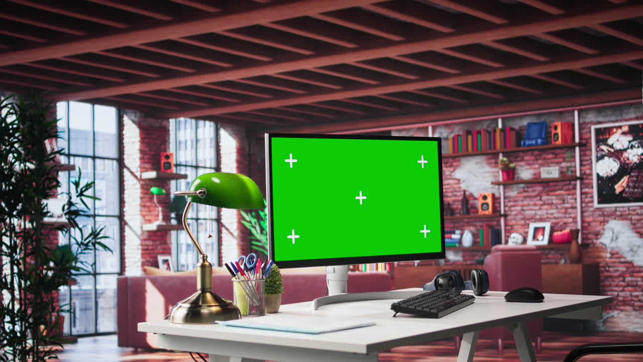 Vertical Video Empty apartment loft with computer running isolated mockup screen