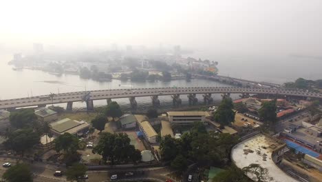 Aerial-view-of-Lagos-Island,-with-the-Lagoon-in-view