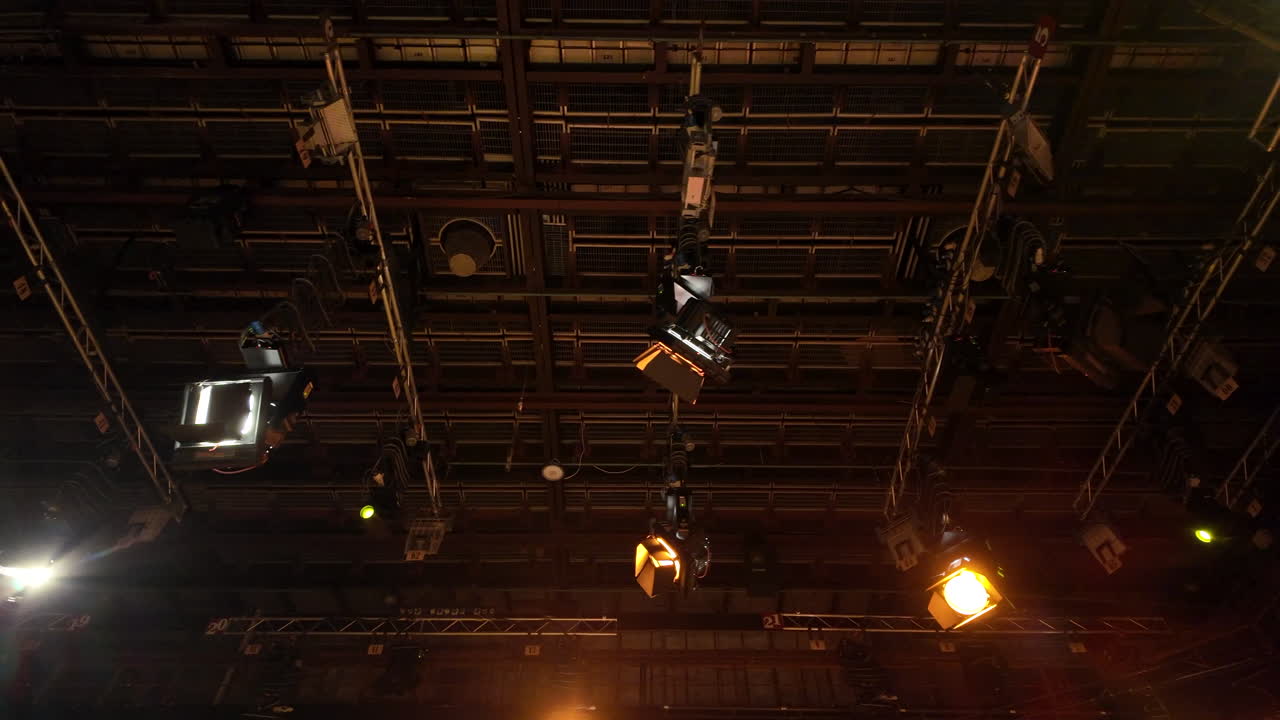 Flashing studio lights equipment on the ceiling of a TV set