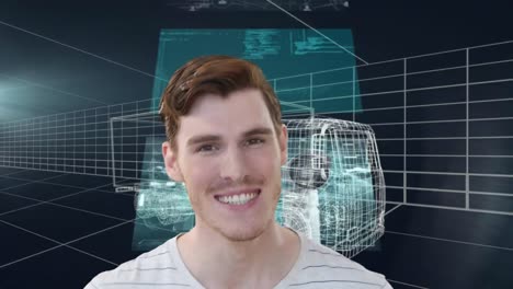 animación de un hombre caucásico sonriente y pantallas con datos sobre un modelo de dibujo 3d de camión y cuadrícula