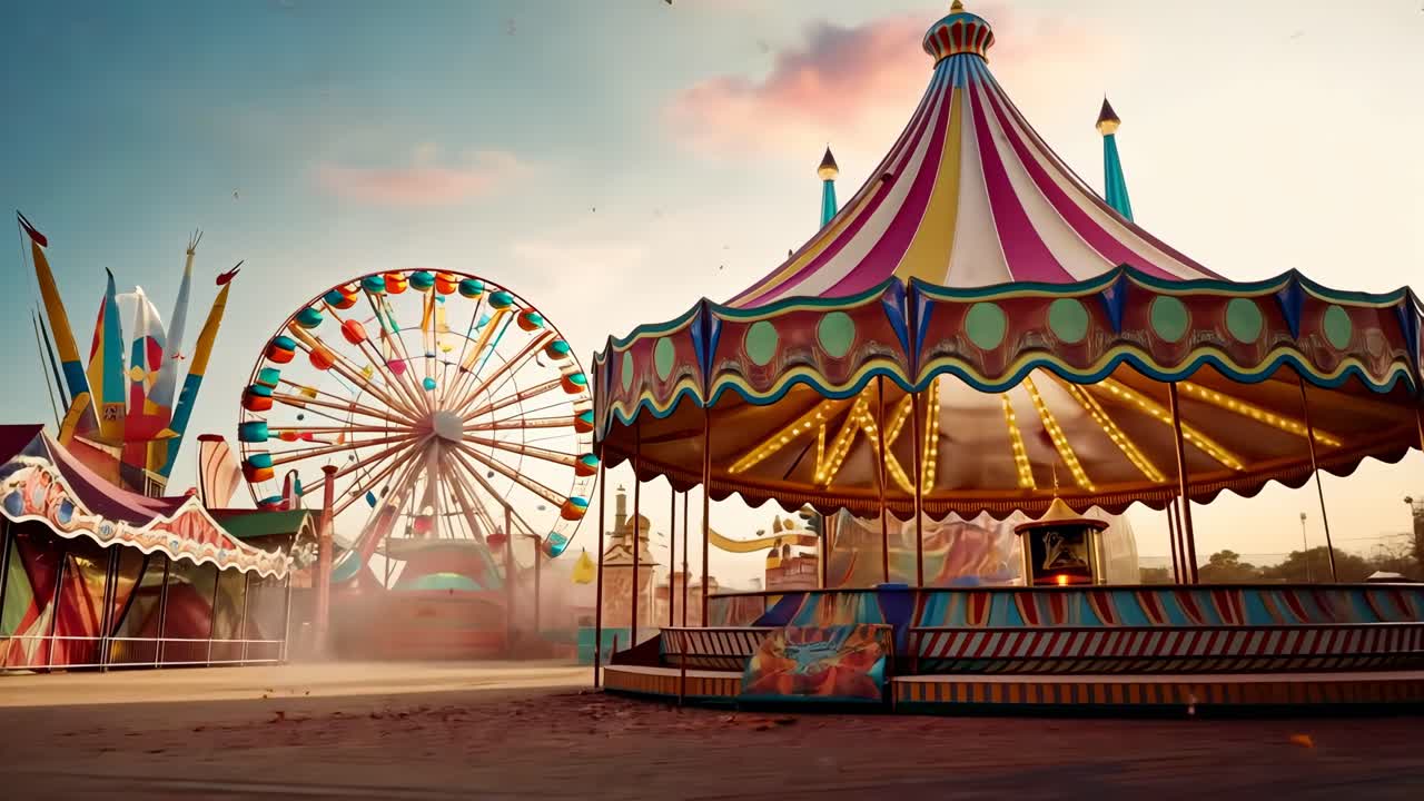 Whimsical Empty Carnival with Ferris Wheel and Carousel