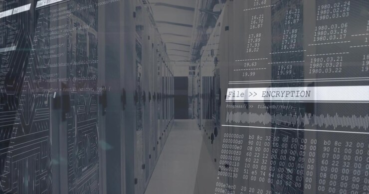 Bright bar sweeping in starting code overlay over server racks File ENCRYPTION pulsing waveform