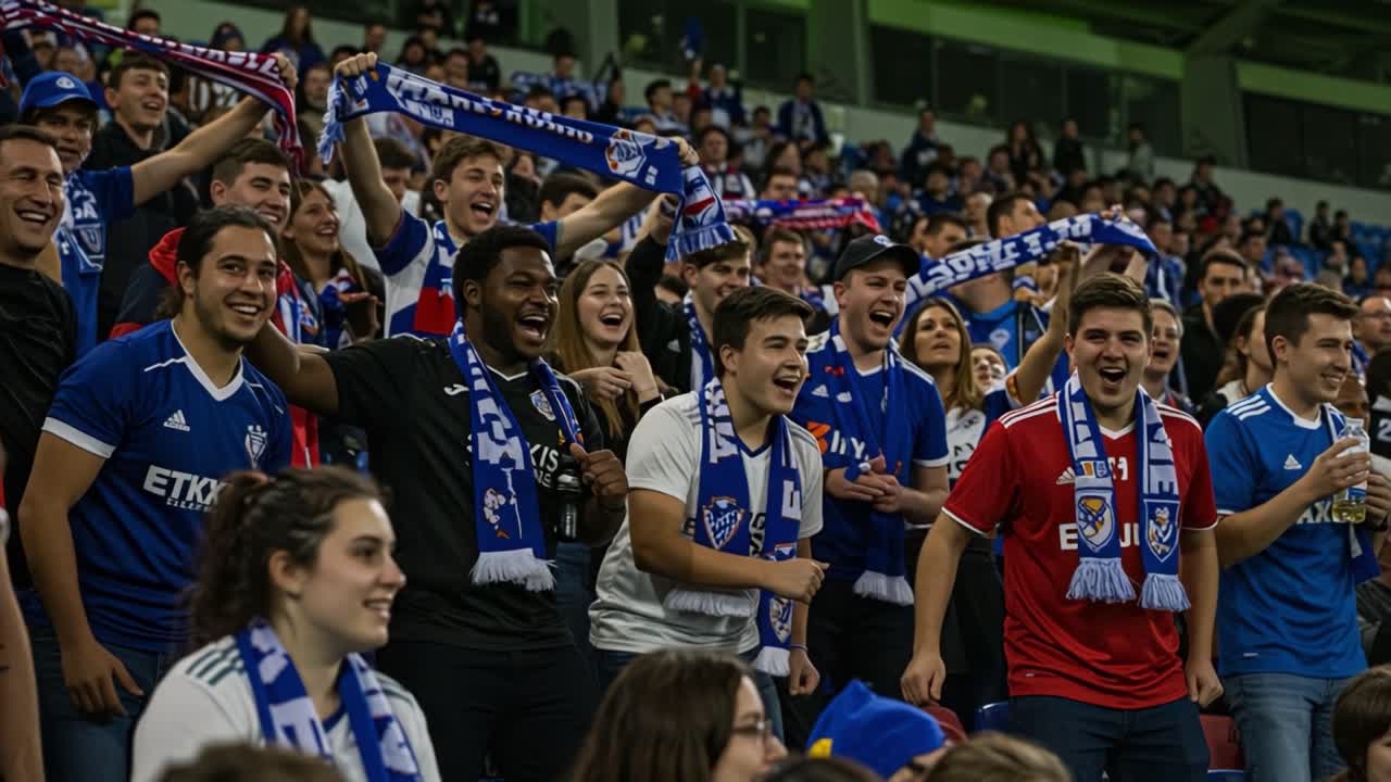 Excited Fans Celebrating a Goal in a Thrilling Sports Match, Cheering Together with Scarves, Displaying Passion and Unity in an Electric Atmosphere