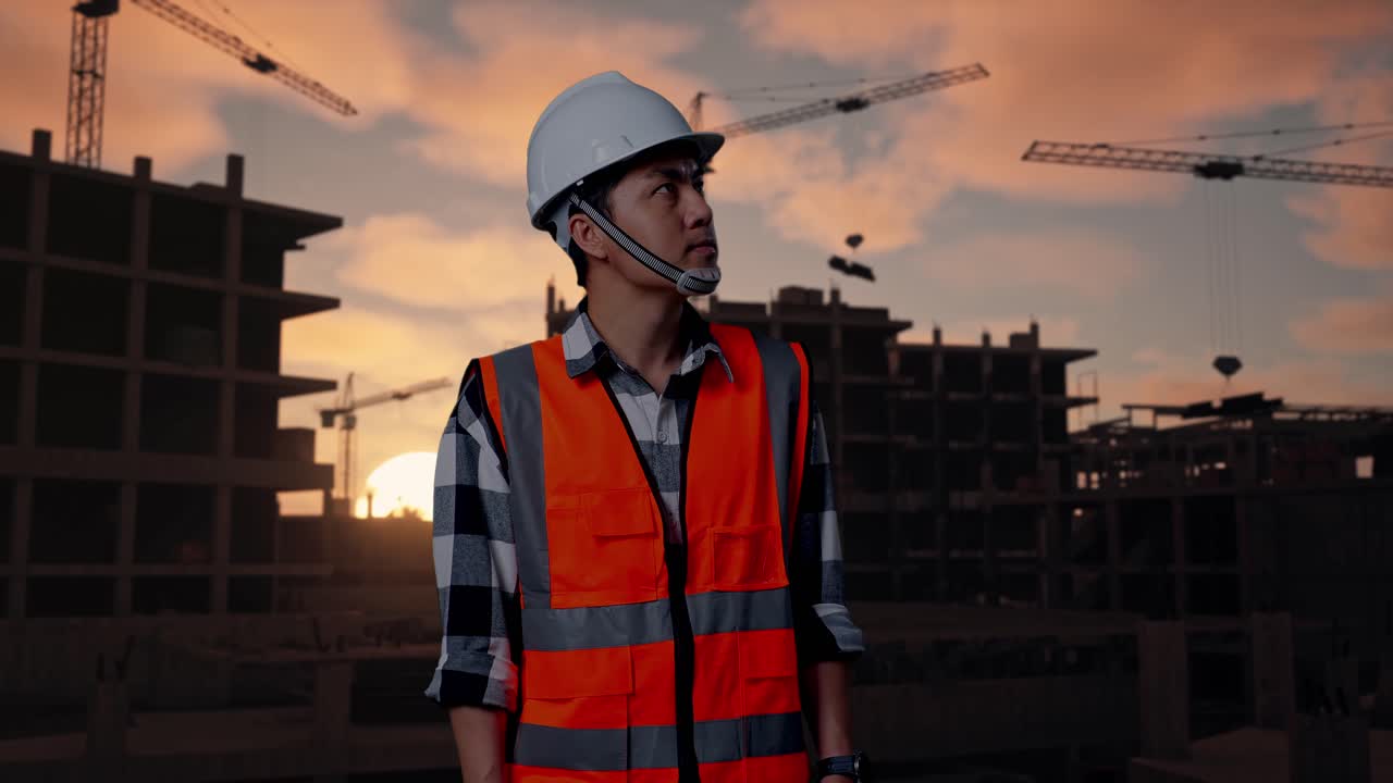Asian Male Engineer With Safety Helmet Looking Around While Standing At Building & Construction Site in Progress to New House