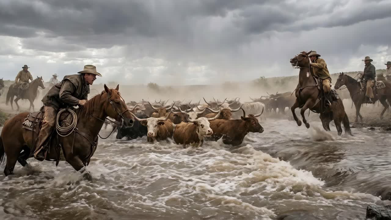 Cowboys and Longhorn Cattle Crossing a River in a Cattle Drive