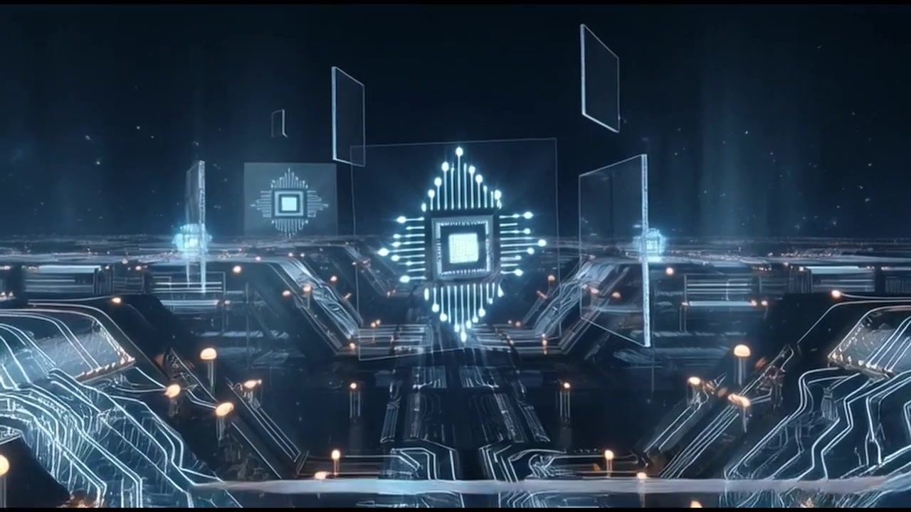 Digital Circuit Board with Glowing Microchip Processor Animation