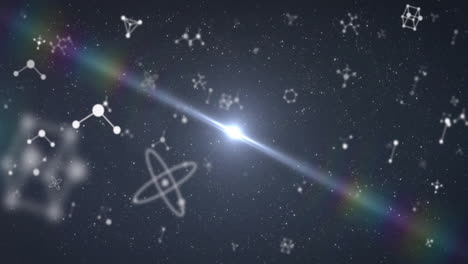 animation of molecular structures with glowing starburst and rainbow light in sky