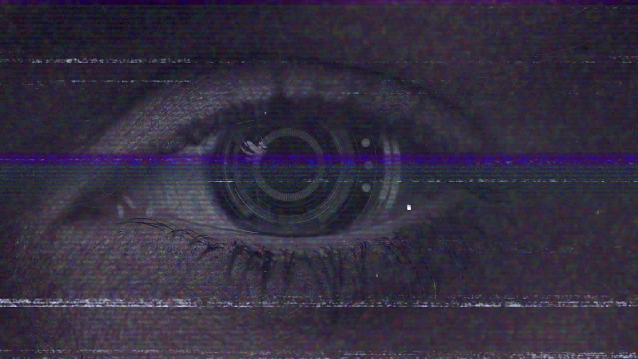 animación del ojo robótico en un fondo chisporroteante